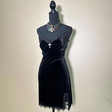 Black Velvet Lace Trim Cross Grunge Alt Body Con Mini Dress 