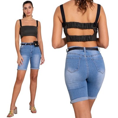 Damen Jeans Capri 3/4 Hose kurze Hose Skinny Stretch Gürtel Tasche Push Up Somme