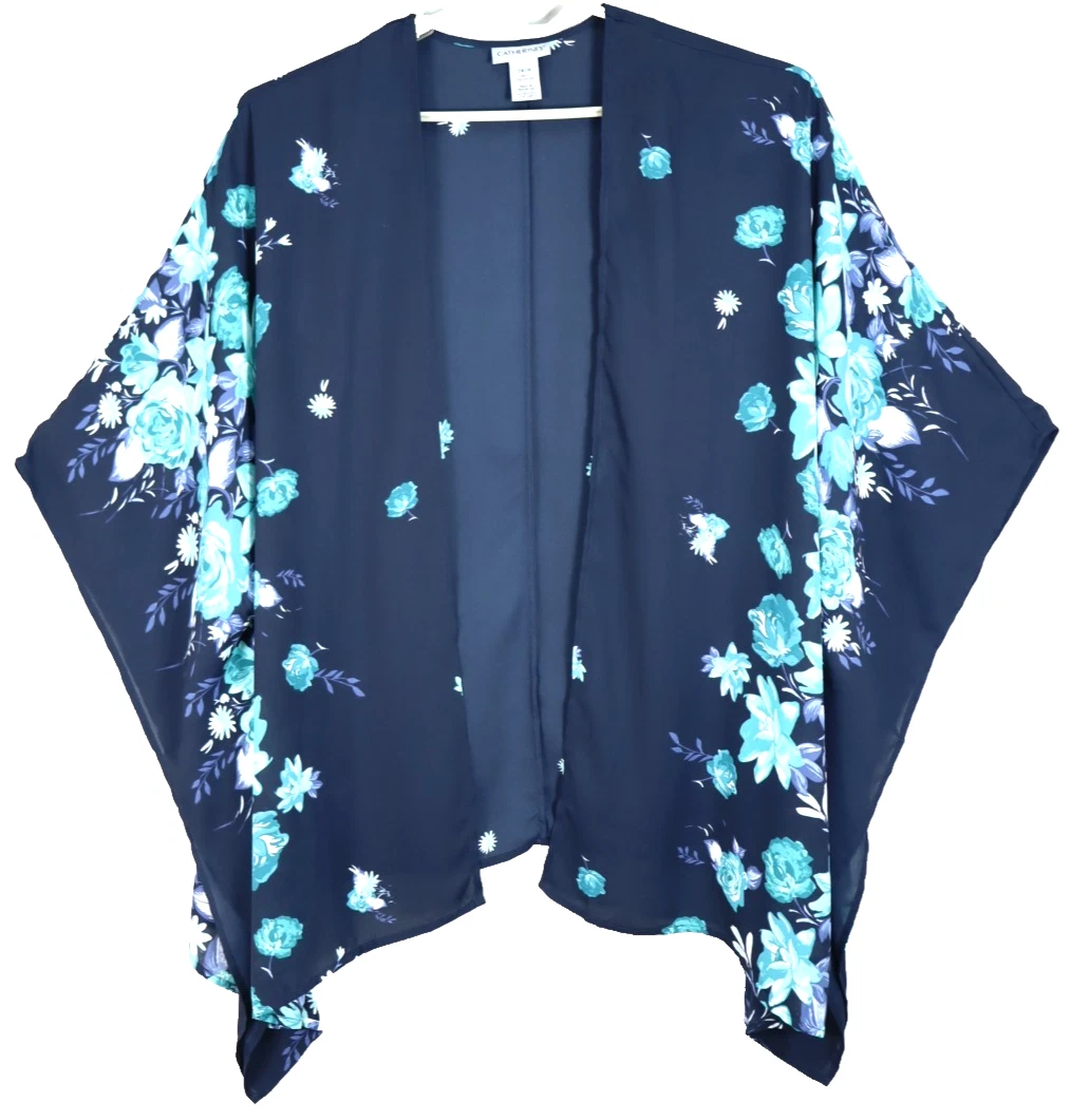 CATHERINES Women's Polyester Open Poncho 3/4 Sleeve Floral Multicolor Plus 0X 1X