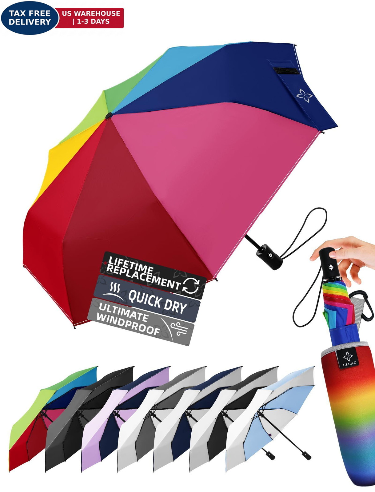 LILAC Windproof Travel Umbrella for Rain - 43" Auto 43"(Two-Tone), 1-Rainbow