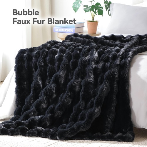 Faux Fur Throw Blanket for Couch – Black Fluffy Cozy Rabbit Fleece, Plush Sof... - Picture 2 of 7