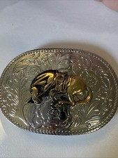 Horse with Head Down Saddle Vintage Western Belt Buckle Hong Kong 3 1/2" Patina