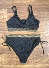 Women's Bikini 2 Piece Swimming Costume High Waisted Brief Black Gold Sequin XL