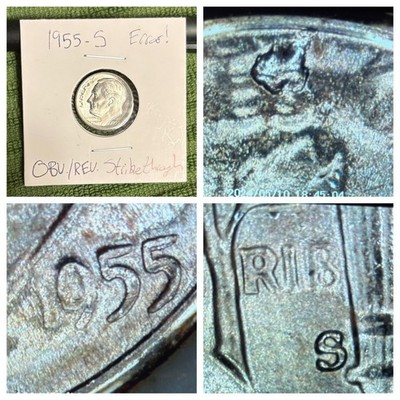 1955-S Silver Dime STRUCK THROUGH GREASE Mint Error GREASE DIE Error 90%