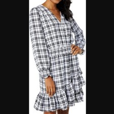 Vince Camuto Wrap Front Ruffle Trim Long Sleeve Black White Plaid Dress size XL