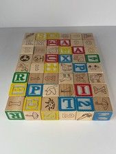 Wood Childrens Blocks Alphabet  Number ABC Learning Building Lot of 48 Cube VTG