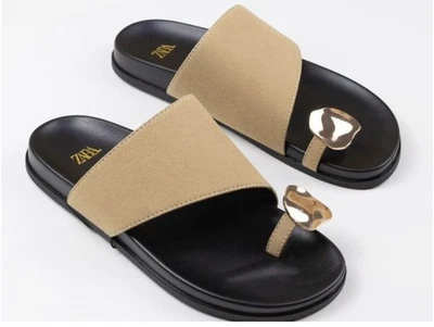ZARA Tan Black Leather Toe Ring Flat Slide Sandals Gold Detail - Image 1 of 4