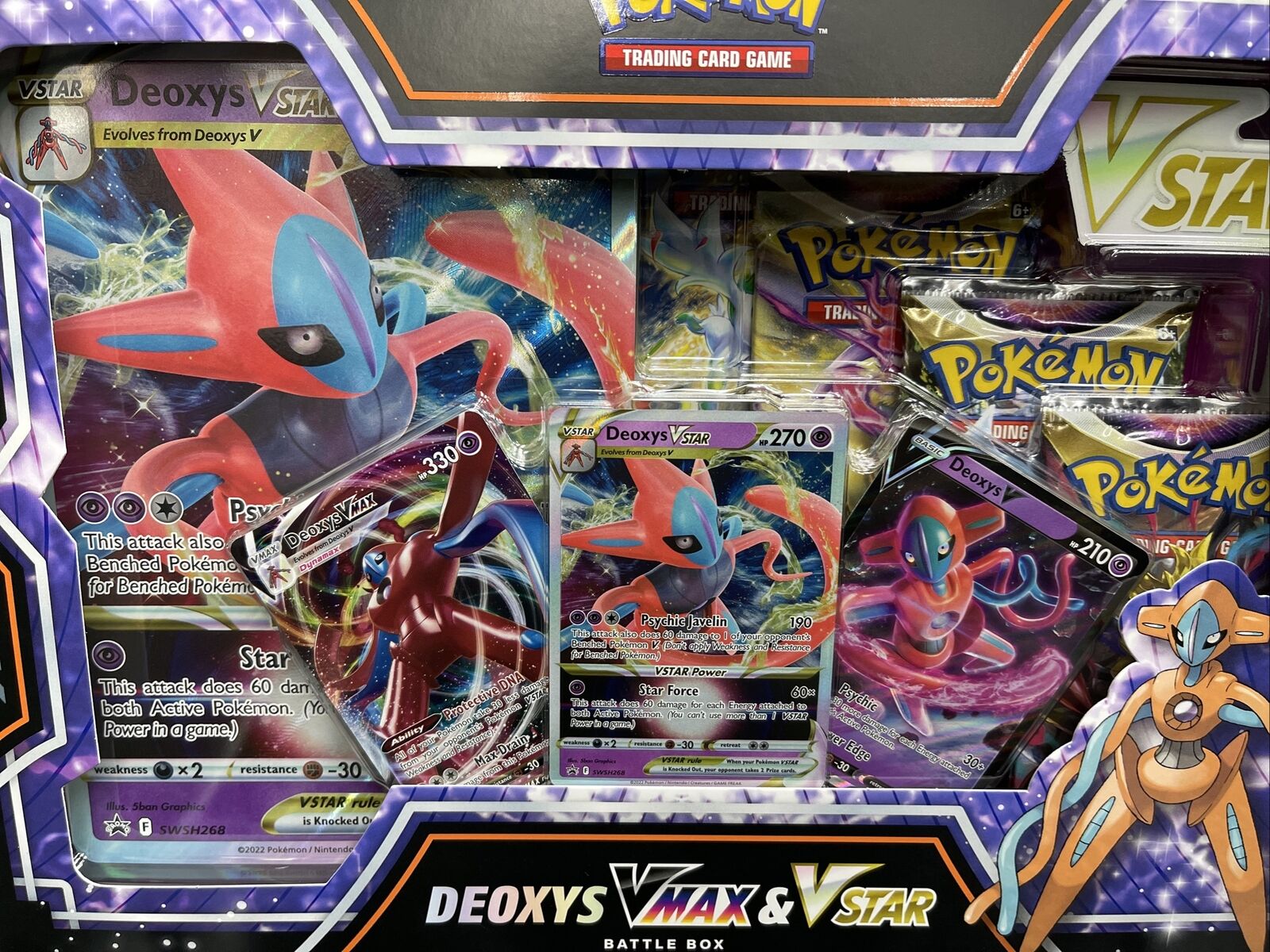 Pokemon Sword & Shield Deoxys VMAX & VSTAR Battle Box (4 Booster Packs,  Promo Card, 2 Etched Promo Cards, Oversize Card & More) 