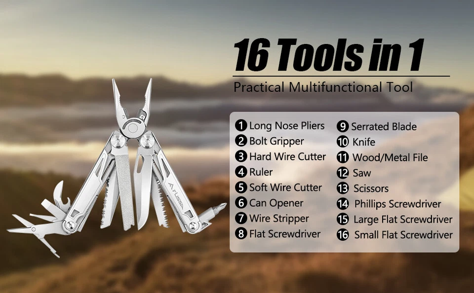 FLISSA 16 en 1 Alicates Multiherramienta Plegable Herramienta de Bolsillo con Funda Acero Inoxidable Foto 2 de 4