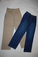 Boys 2 PAIR LOT PANTS Woven TAN KHAKIS BLUE JEANS Pull On ELAST WAIST Size 4