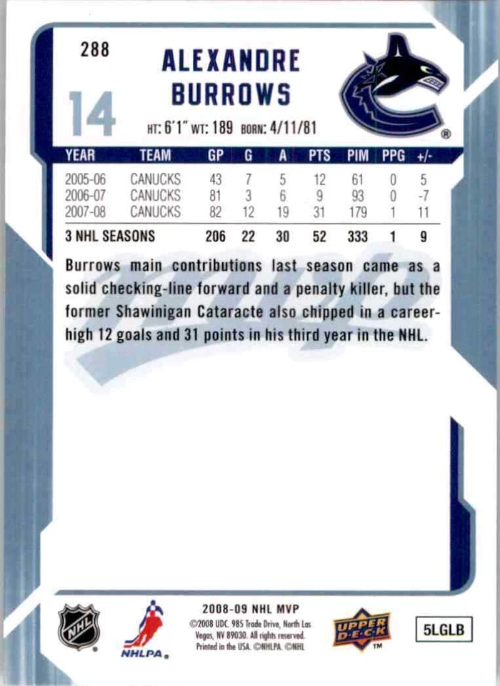 2008-09 Upper Deck MVP Alexandre Burrows #288 - Image 2 of 2