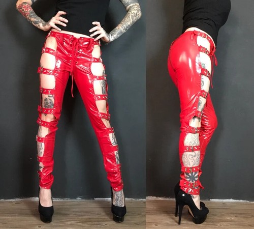 PVC Red Leather pants with Buckle Side Closure in Red Lace up Goth