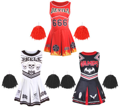 Damen Halloween Cheerleader Kostüm Verkleidung Skelett Vampir Teufel Outfit