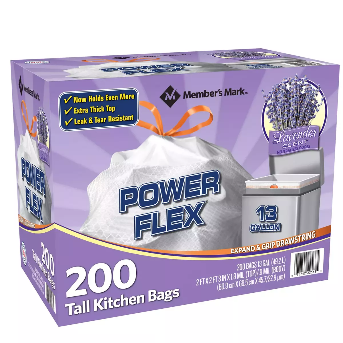 Member's Mark Power Flex Tall Kitchen Drawstring Bags (13 Gallon, 200 Count) Lavender Scent