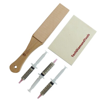 Knife Sharpening Kit of Leather Strop; Three 50% Diamond Pastes & Wool Cloth