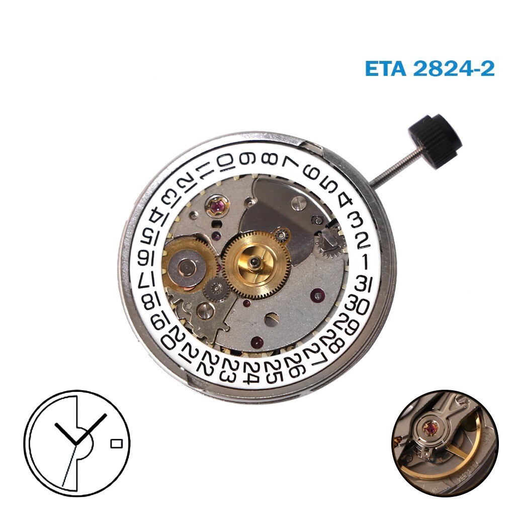 ETA 2824-2 Automatic Swiss Movement, White Date Day Disks at 3