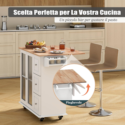 Isola Da Cucina Con Piano Pieghevole - Carrello Multifunzione Con Ruote, Bianco, 129x71x91.5 Cm - Foto 5