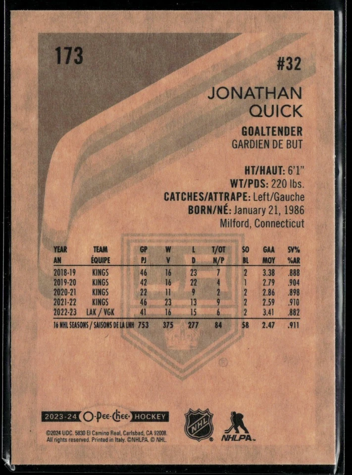 2023-24 O-Pee-Chee Retro Jonathan Quick #173 - Image 2 of 2