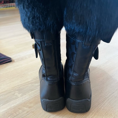 Coach Kimberly Boots Black Canvas Logo Rabbit Fur Trim SZ 6M - Picture 5 of 8