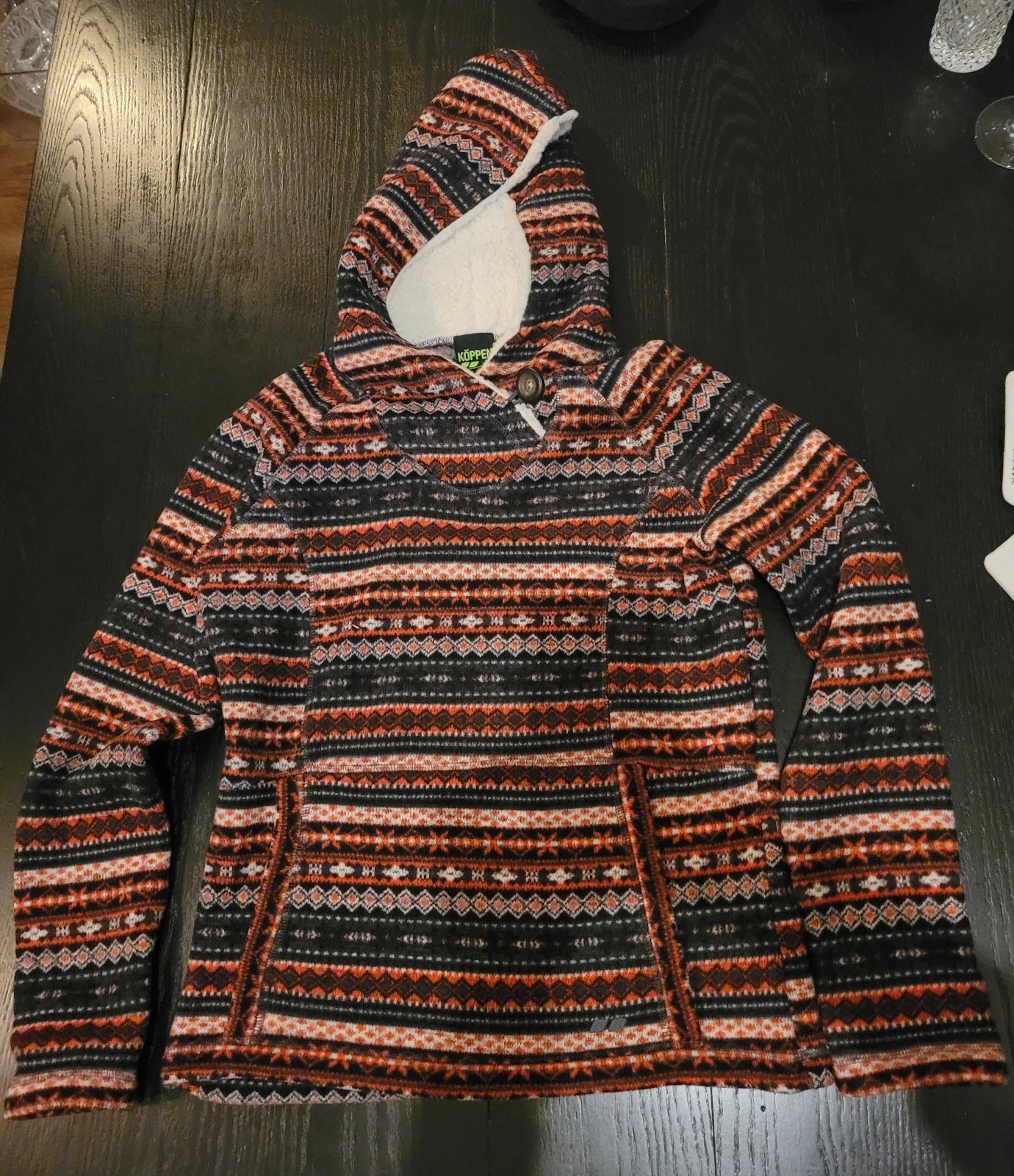Köppen Womens L Fair Isle Nordic Sherpa Hoodie Sweater Pullover