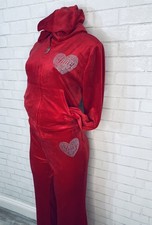 NWT Juicy Couture RED Velour Bling Heart Tracksuit Flare Pants Hoodie Set Large