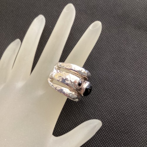 Sterling Silver Hammered Handmade Designer Black Onyx Brutalist Ring 8.25 Signed - Picture 5 of 13