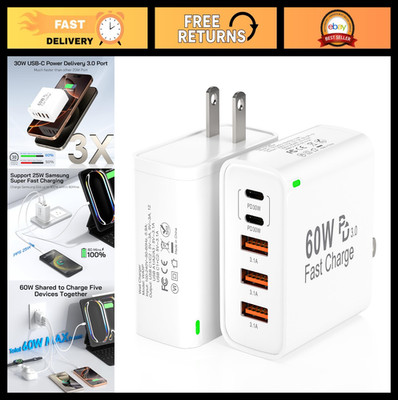 2-Pack 60W USB C Fast Charger Block, 5-Port Multiport Charging Cube for iPhone &