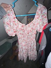 Floral Puff Sleeve Short Dress, Ruffle Accents, Square Neck, Pink White Green