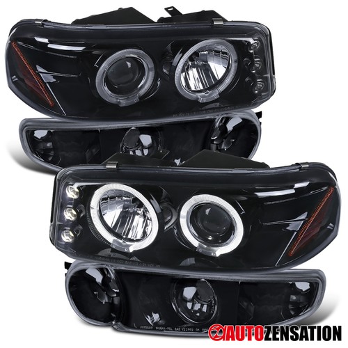 Fit 1999-2006 GMC Sierra Yukon Smoke LED Halo Projector Headlights+Bumper Lamps