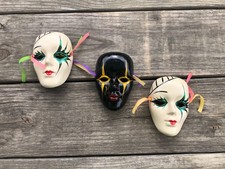 Set of 3 Vintage Mardi Gras Masks Wall Decor Masquerade Harlequin Ribbon