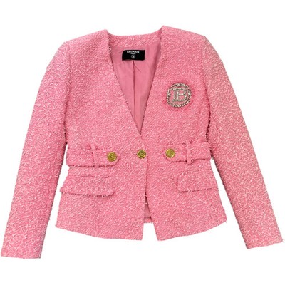 Balmain Women's Tweed Collarless Crystal Brooch Logo Jacket Pink IT 40 / UK 8