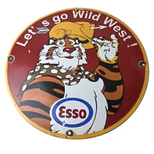Vintage Esso Gasoline Sign - Gas Service Station Auto Tiger Tank Porcelain Sign