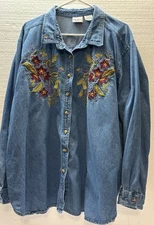 Vintage Bobbie Brooks Embroidered Floral Print Denim Button-Up Shirt Women's 26W