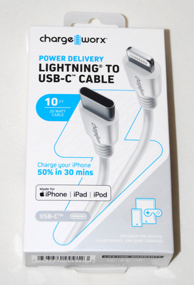 NIB Charge Worx Power Delivery 8-Pin to USB-C Cable in White 10-feet