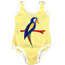VTG 60s Girls One Piece Swimsuit Yellow Blue Parrot Bathing Suit 2T Funky Knits