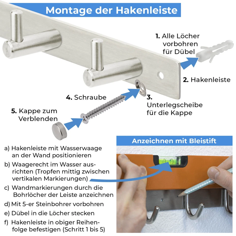 Edelstahl Kleiderhaken Hakenleiste ROSTFREI Garderobenhaken Wandhaken Garderobe - Bild 4 von 4
