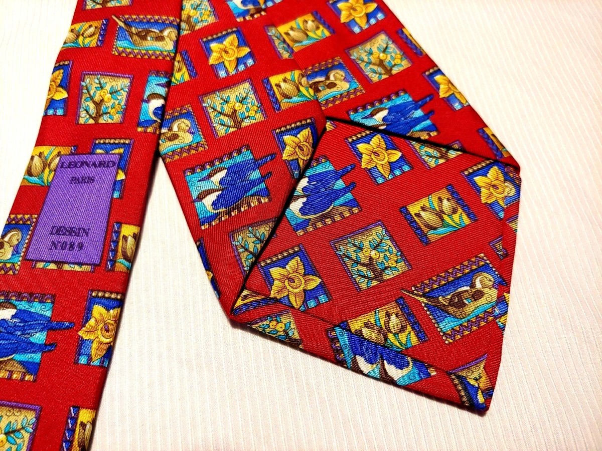 Cravate Homme Vintage LEONARD Paris - Soie Rouge Vermillon, Motif N.132 - Neuf Avec étiquettes, Rare