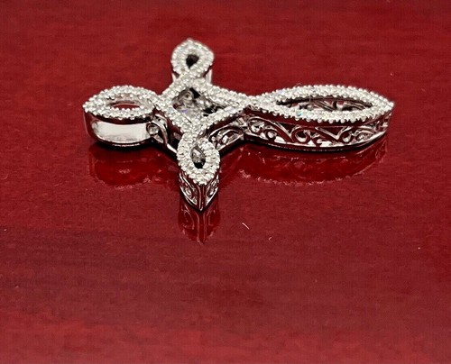 Ciondolo Croce Diamante Galleggiante Tonda 1/2 Carato, Oro Bianco Massiccio, 1,1 Pollici - Foto 2 di 8