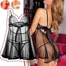 Women's Lingerie Sheer Lace Mini Babydoll Teddy Sexy Mini Skirt Bow Sleepwear US