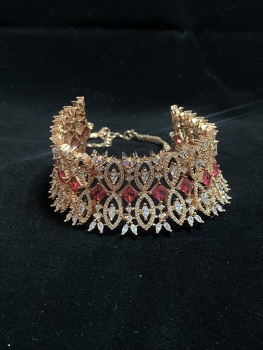 Luxury Necklace Set In Choker Style- Rose Gold (cubic Zirconia & Red Gemstones) - Picture 17 of 20