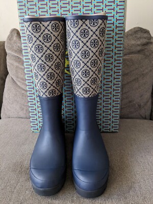 Tory Burch T Monogram Hurricane Tall Rain Boot Size 10 | eBay