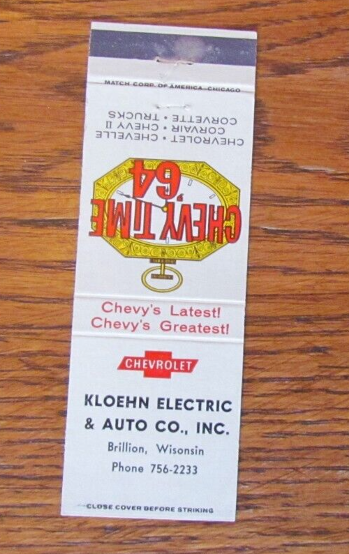 1964 KLOEHN CHEVROLET CAR DEALER MATCHBOOK COVER BRILLION, WI