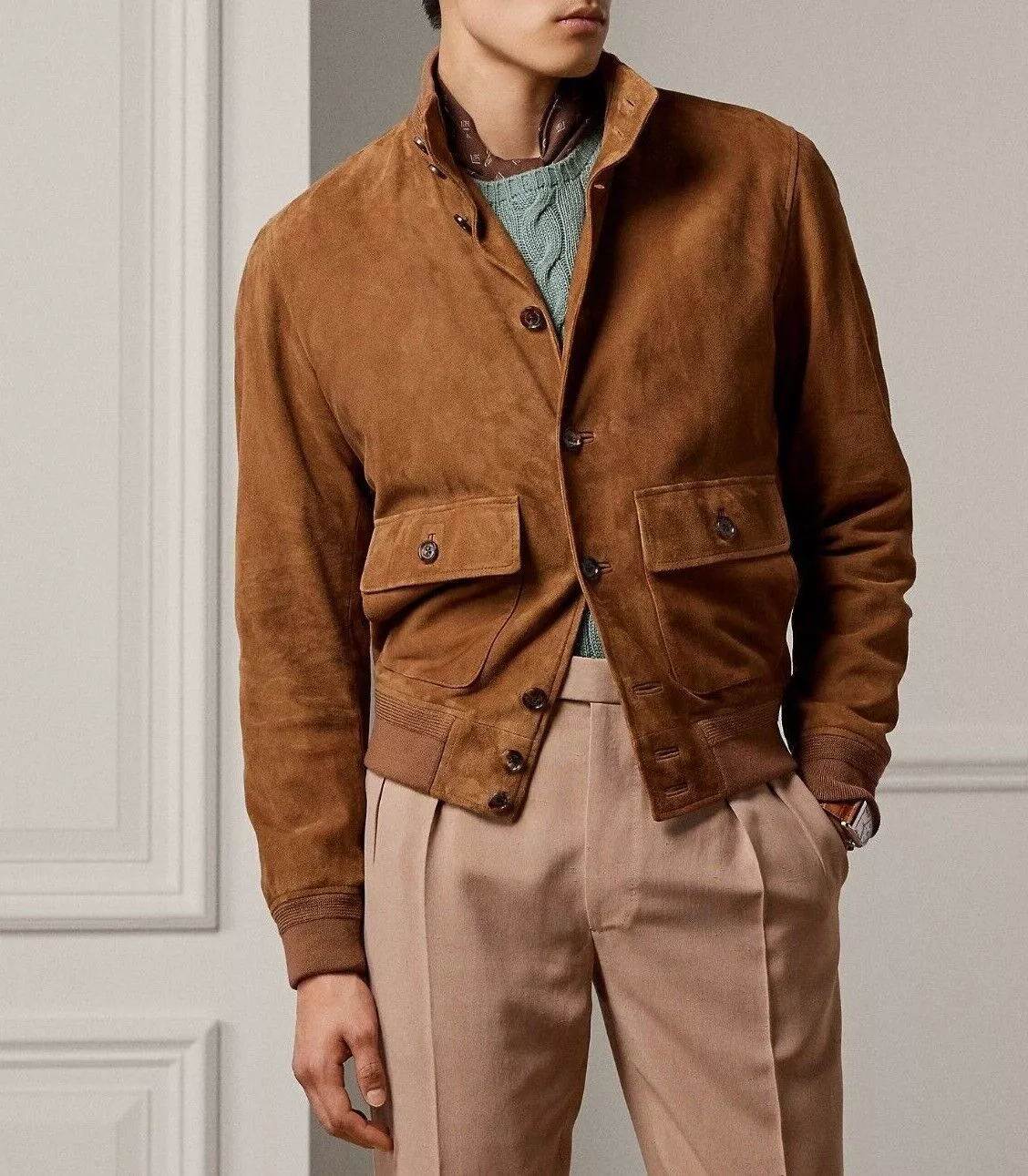 Brown Pure Suede Flight Bomber Leather Jacket For Men