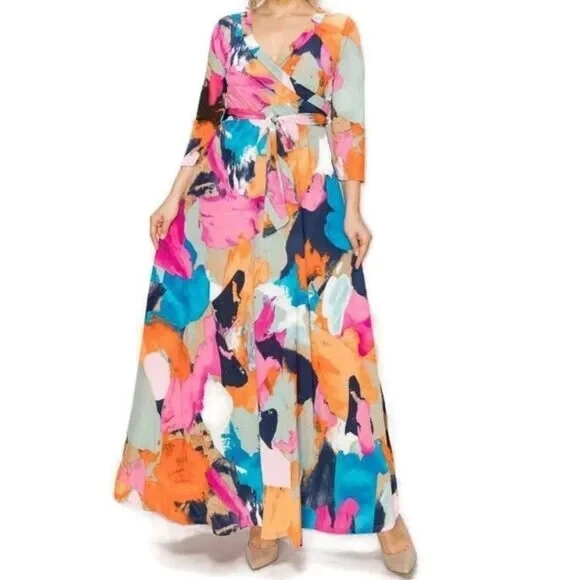 Maxi Vestido Janette Moda Drapeado en Colores Imitación Envoltura Talla Plussa Foto 4 de 4