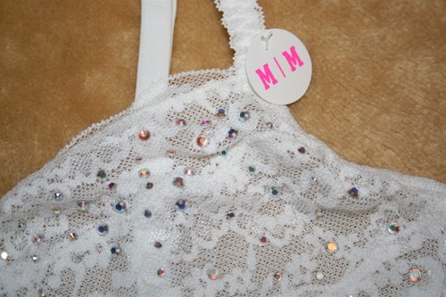 White Victoria's SecretFloral Mesh Bralette w Ruched Front & Jewels Size M - Picture 2 of 5