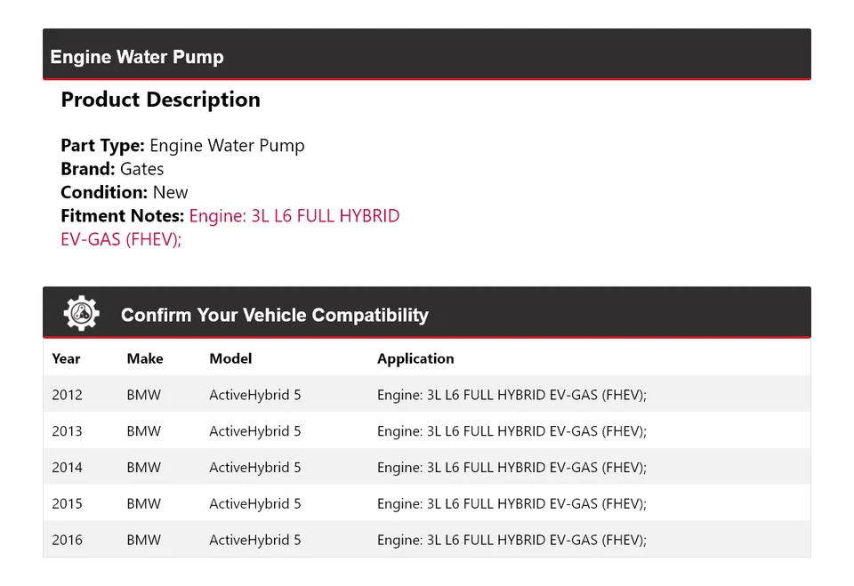 Para BMW ActiveHybrid 2012-2016 5 puertas de bomba de agua con motor 2013 2014 2015 Foto 2 de 4