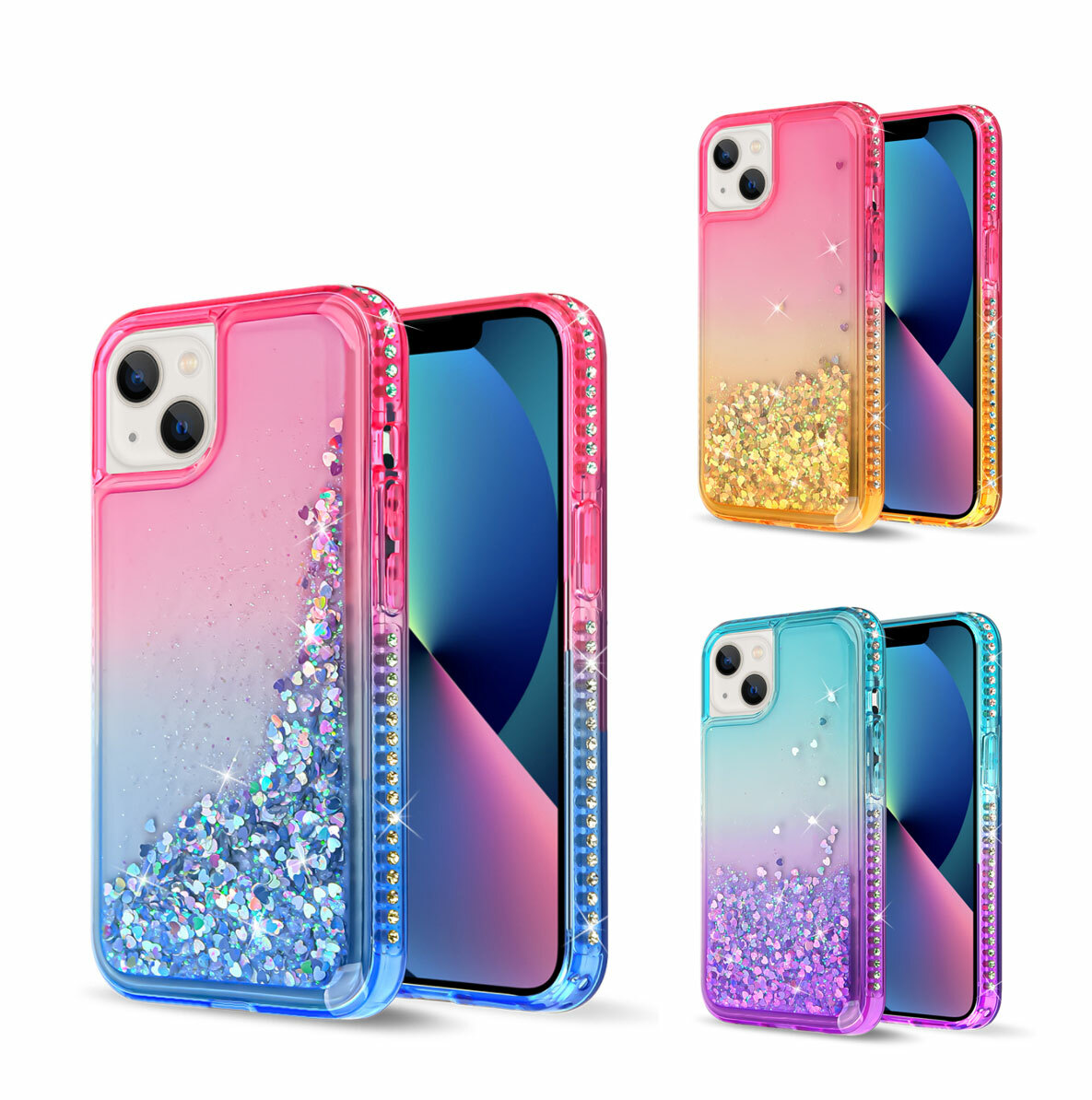 For Apple iPhone 13 Two Tone Cover Case w/Waterfall Liquid Glitter