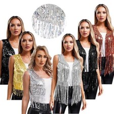 CHICTRY Women's Sequin Fringe Vest Sparkly Open Front Waistcoat Vest Coat Party