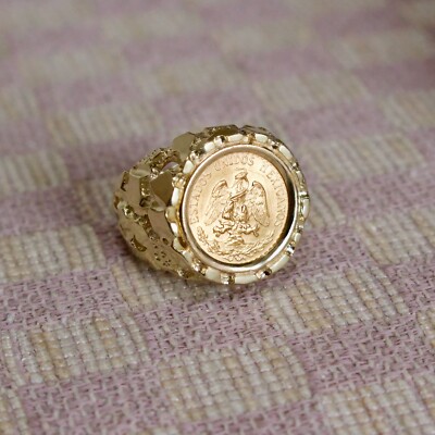 VINTAGE 1945 MEXICAN DOS PESOS COIN SET IN 14KYG UNISEX NUGGET