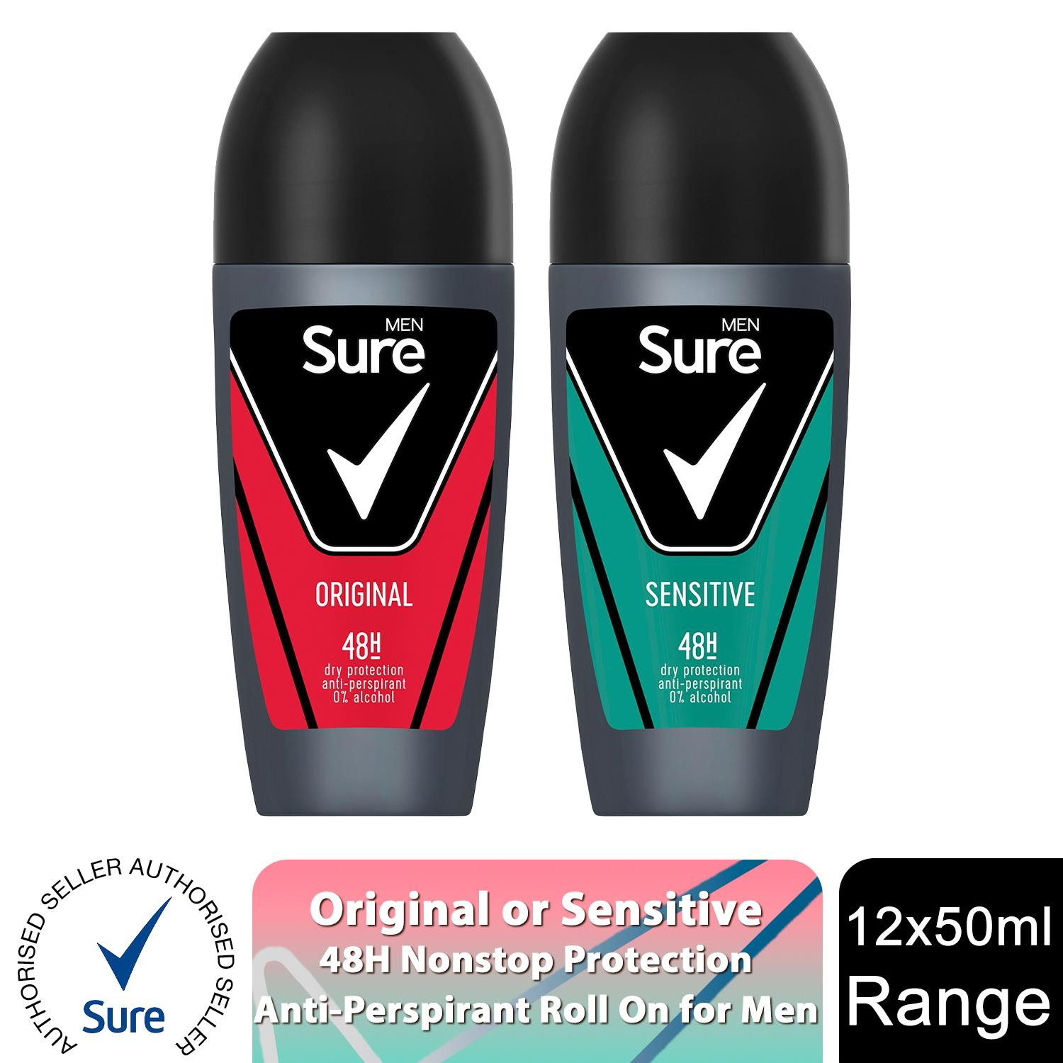 Sure Men Antiperspirant 48H Protection Roll On Deo Original or Sensitive,12x50ml